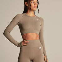 Power Seamless Long Sleeve Crop Top | Taupe Grey