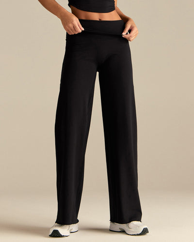 Cotton Contour Fold Over Straight Leg Pants | Black