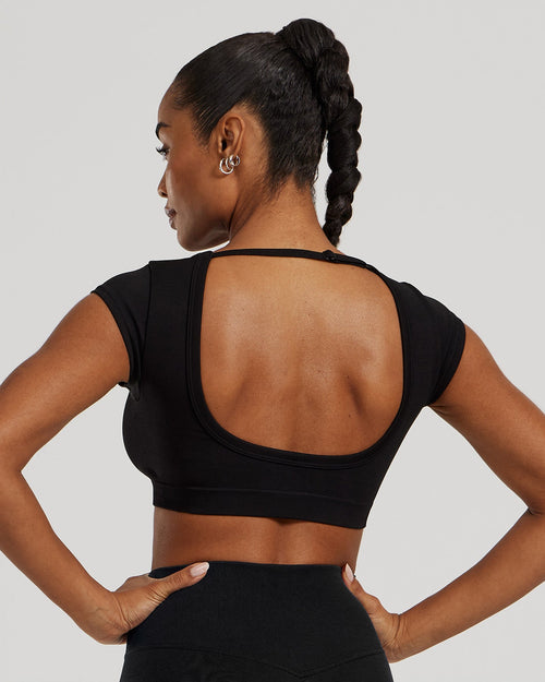 Motion Seamless Open Back Short Sleeve Crop Top | Black