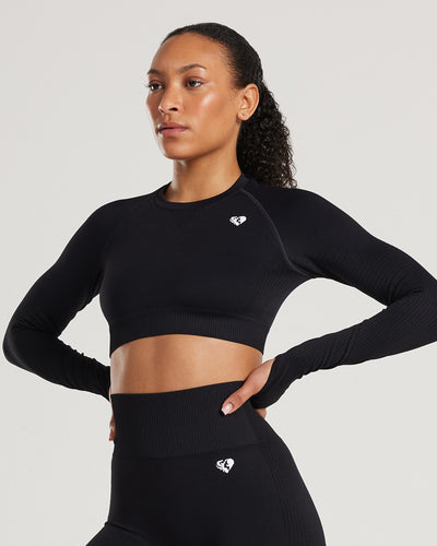 Power Seamless Long Sleeve Crop Top | Black