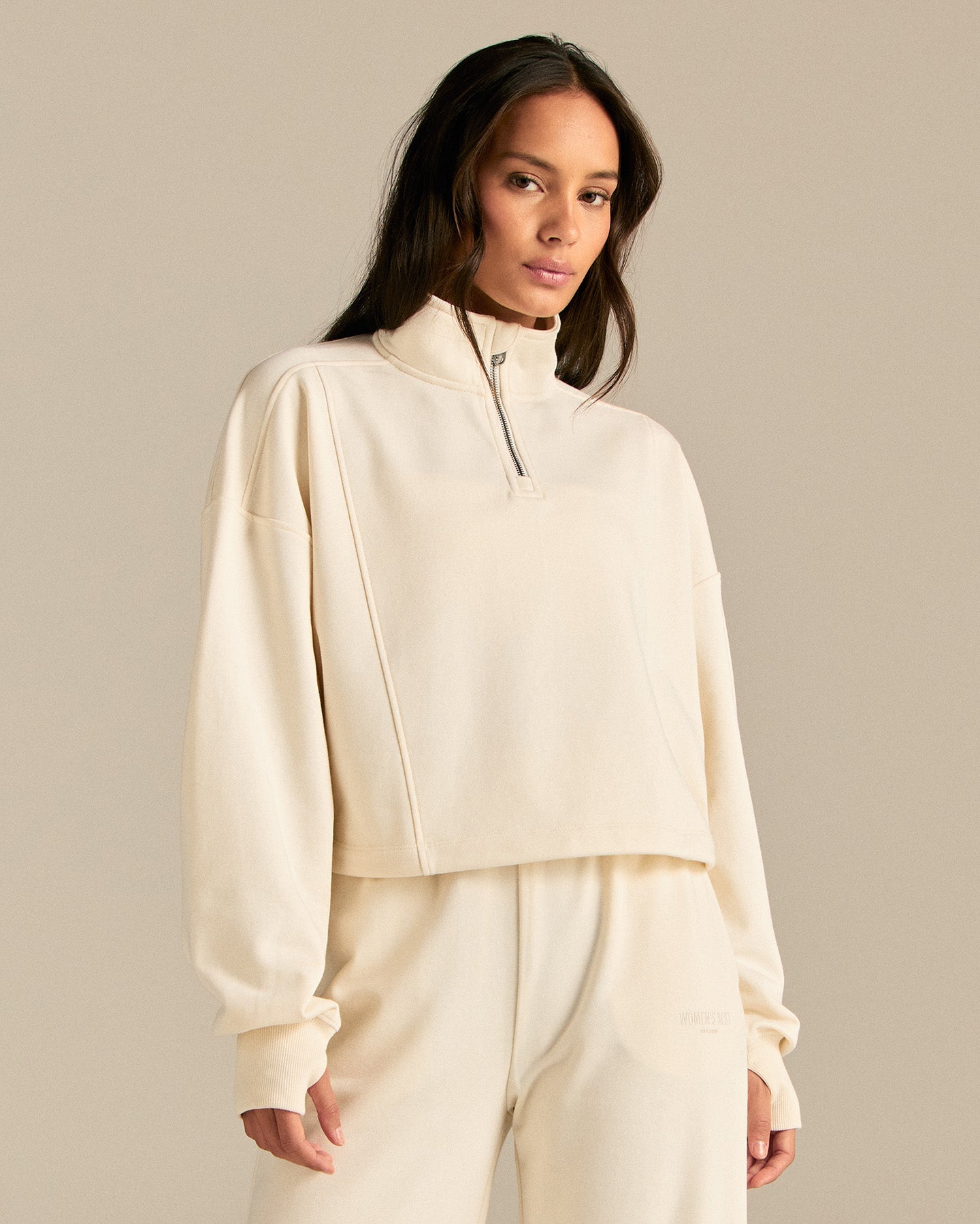 Comfort Lightweight Half Zip Draw Hem Sweat | Coconut White