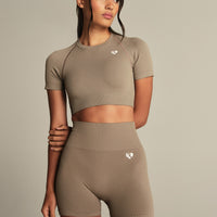 Power Seamless Short Sleeve Crop Top | Taupe Grey