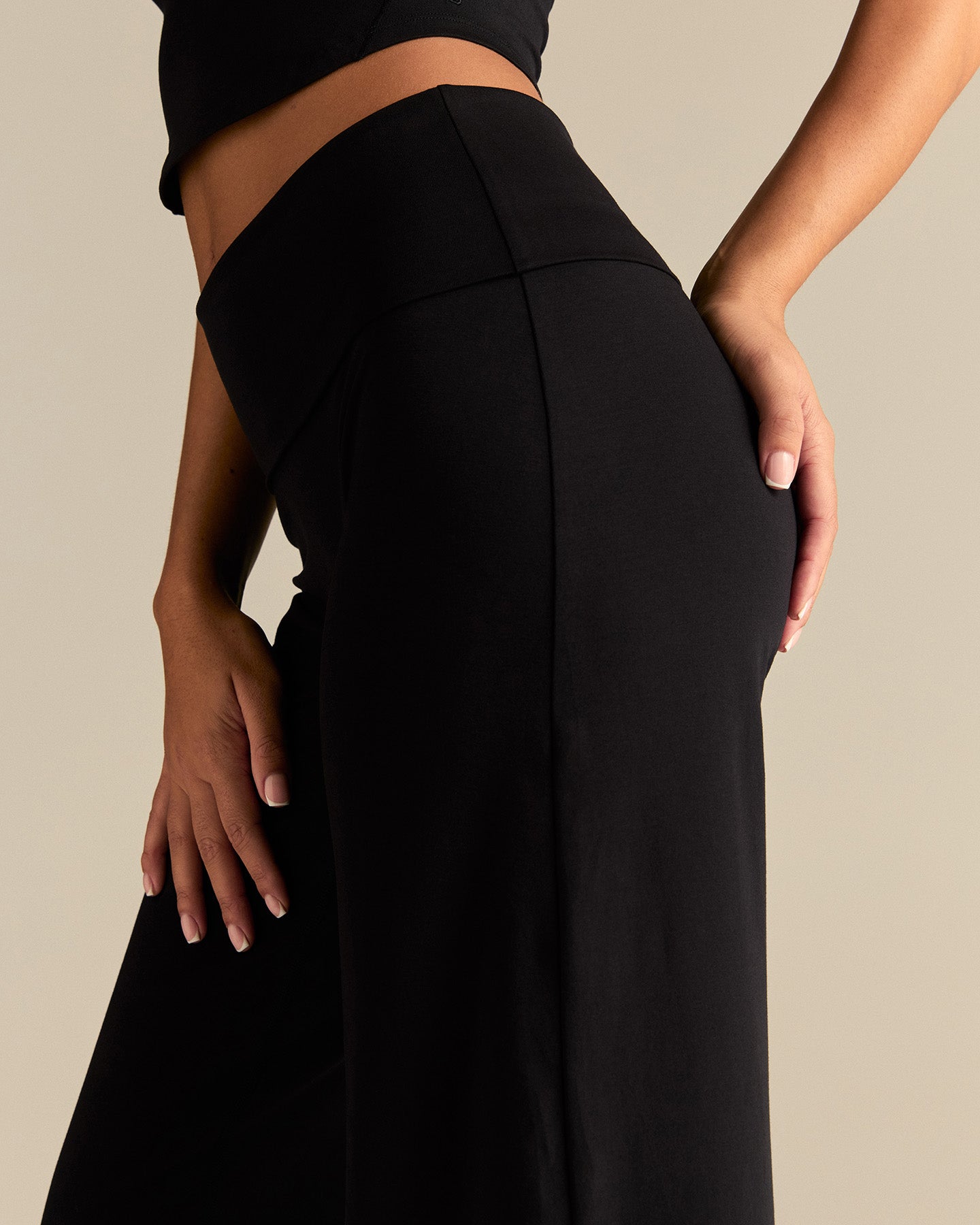 Cotton Contour Fold Over Straight Leg Pants | Black